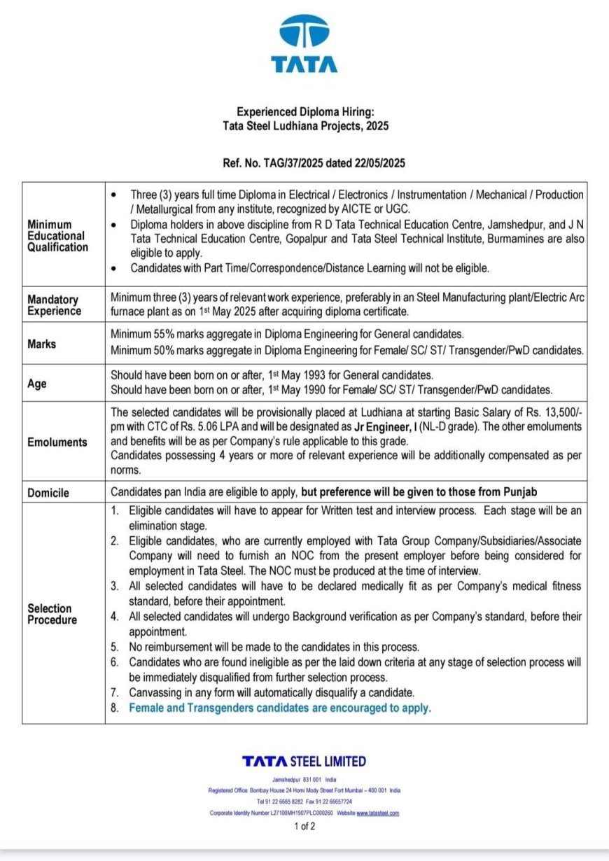 TATA Steel Limited Recruitment 2025 | Experienced Diploma Hiring for Ludhiana Projects