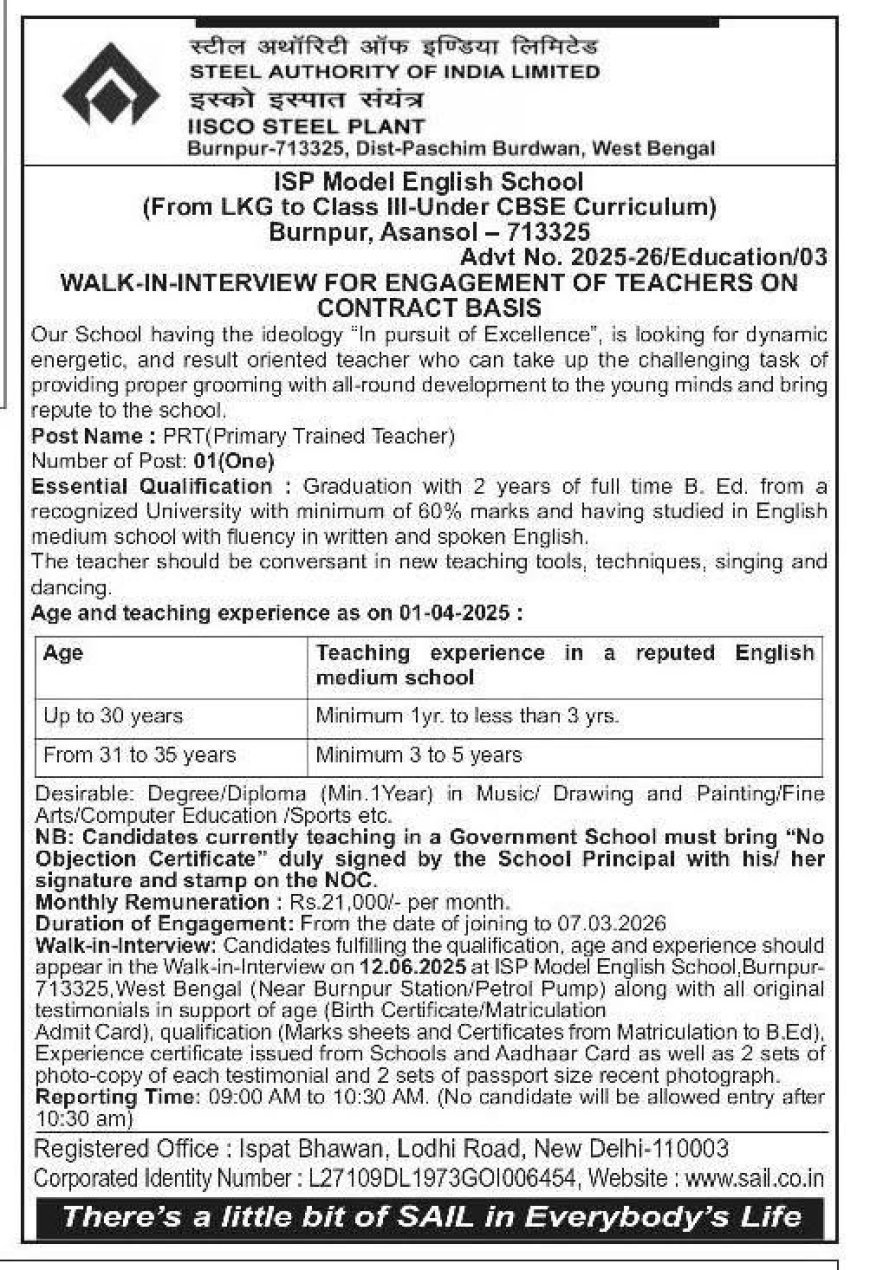 SAIL Recruitment 2025 | Apply for PRT Post at ISP Model English School