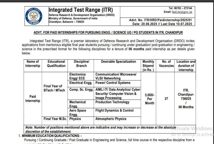 DRDO ITR Internship 2025 | Apply Now –B.Tech/ M.Tech/ M.Sc (Final Year)