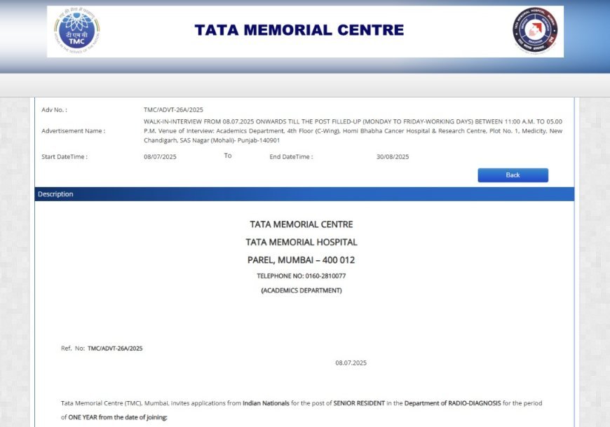 Tata Memorial Centre Recruitment 2025 |Apply Now -Senior Resident (Radio Diagnosis)