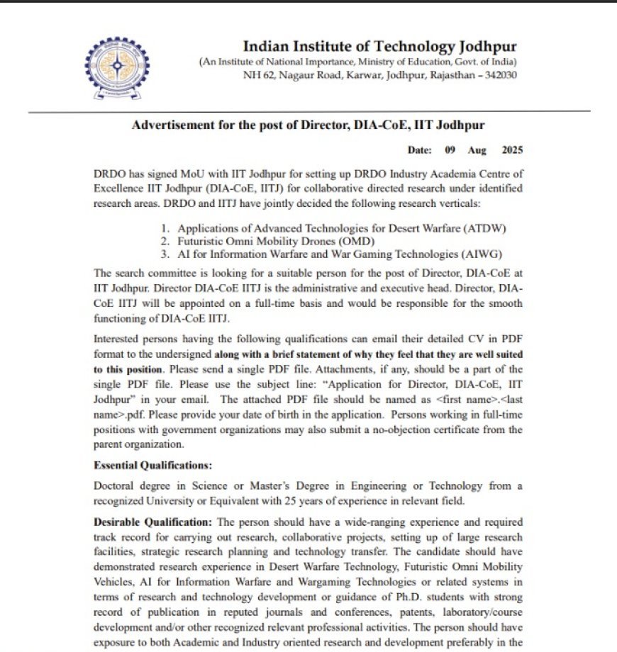 DRDO New Vacancy 2025 | Apply Now for Director, DIA-CoE, IIT Jodhpur