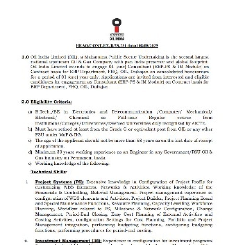 Oil India Limited Recruitment 2025 | Apply Now for Consultant (ERP-PS & IM Module) Post