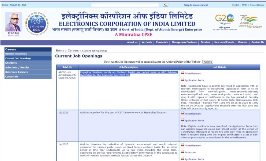 ECIL AECS Hyderabad Recruitment 2025 | Teachers Engaged on Contract/Per-Period Basis