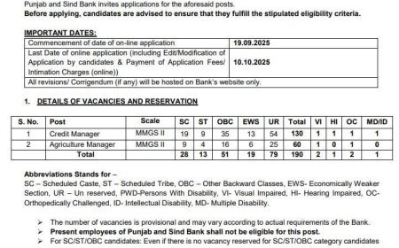 Punjab & Sind Bank Specialist Officers Recruitment 2025 | Apply Online -Credit Manager & Agriculture Manager Posts
