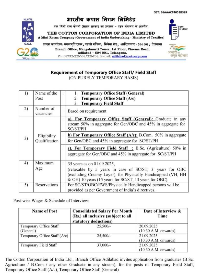 The Cotton Corporation of India Limited Recruitment 2025 | Apply Online